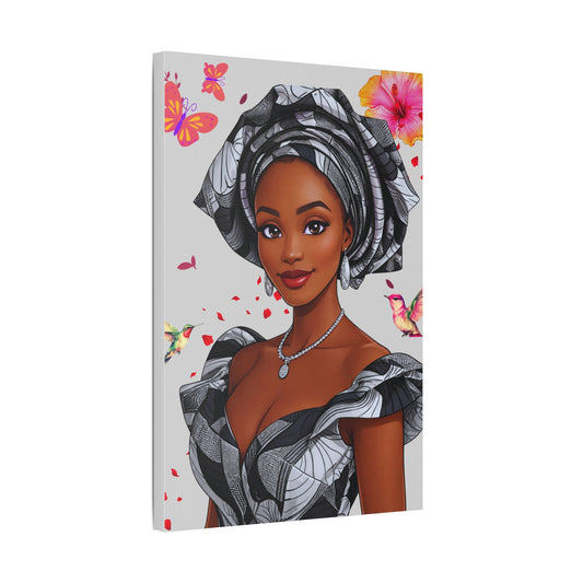 HS Canvas Wall Art - Satin Canvas Stretched – Copper-Toned African Attire Portrait with Rose Petal Heart Centrepiece
