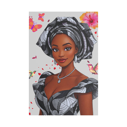 HS Canvas Wall Art - Satin Canvas Stretched – Copper-Toned African Attire Portrait with Rose Petal Heart Centrepiece