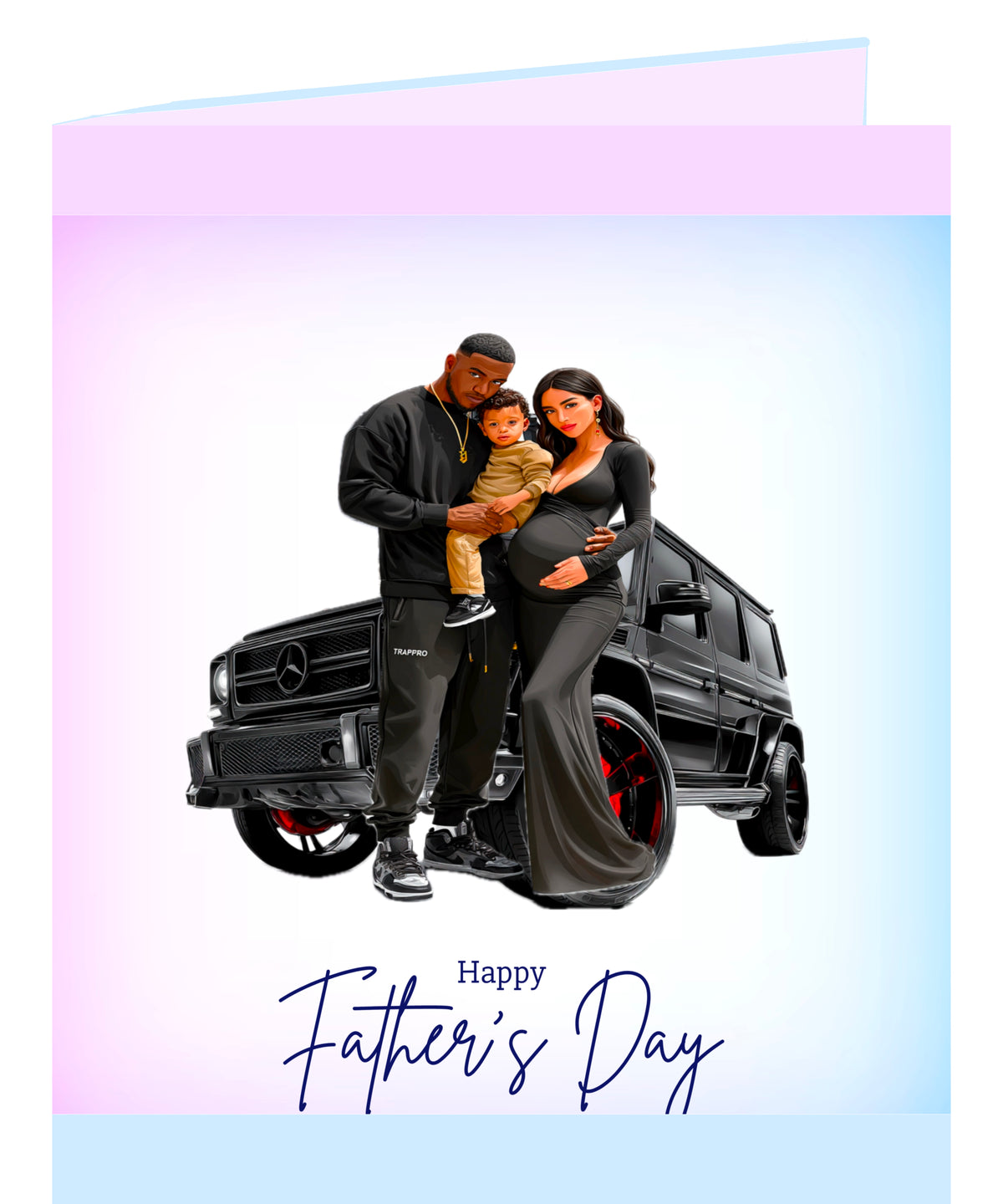 Father’s Day card with a Black family beside a black G Wagon