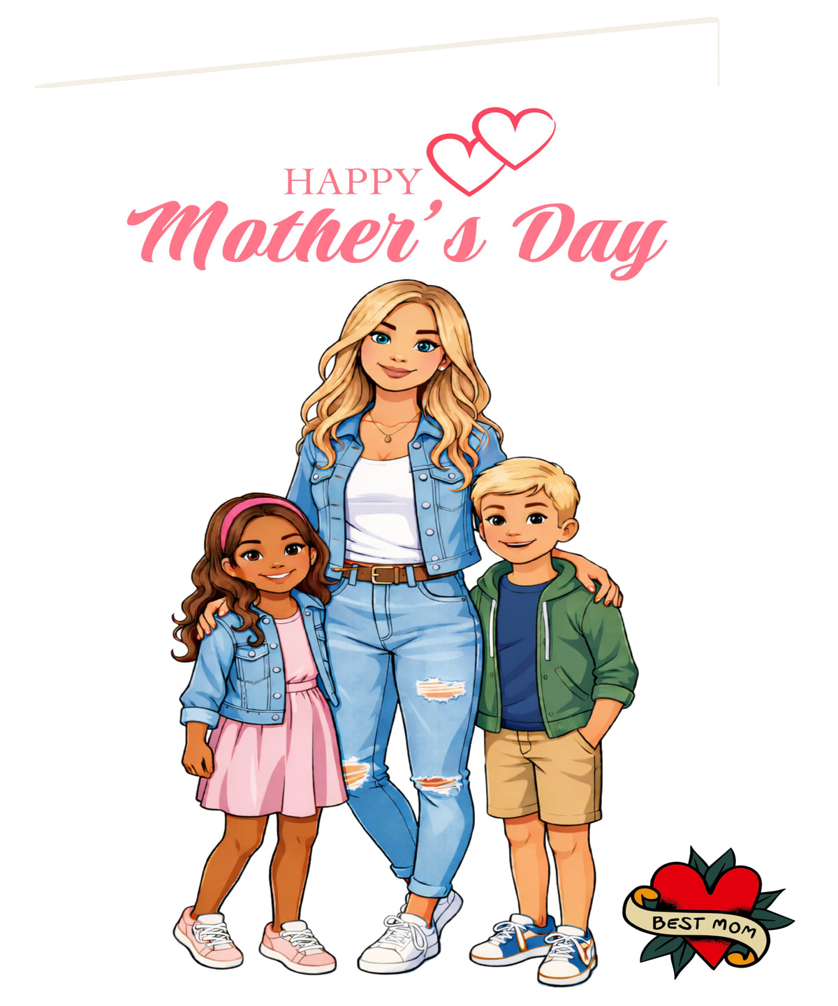 Mother’s Day card with a mother and two children wearing denim