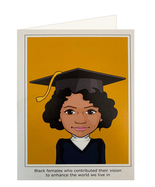 Alice greeting card with a graduate portrait and mortarboard on a golden background